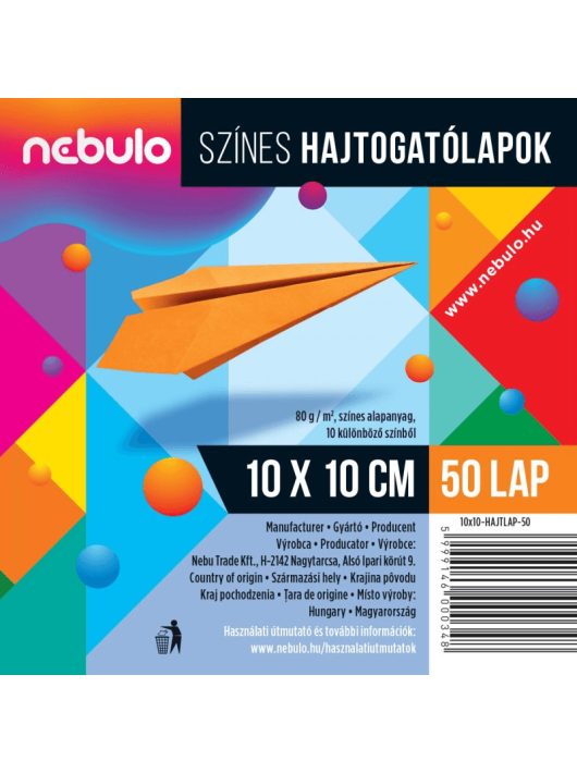 Színes papírok, hajtogatólap 10x10cm, 80g, 50 lap/cs, Nebulo