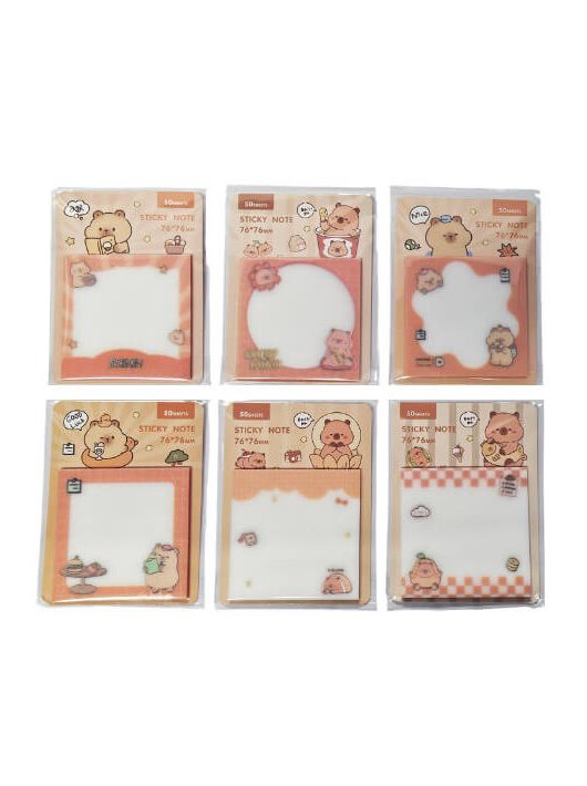 Kapibara jegyzettömb, 76x76mm, 50 lapos, átlátszó, csillogó papír, többféle mintával