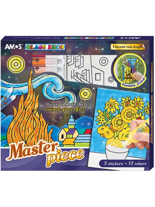 Üvegfóliafesték készlet, 2x22ml és 10x10,5ml festék, 3 kifesthető kép, Amos, Vincent van Gogh