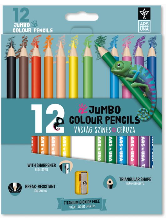 Színes ceruzakészlet 12 db-os, hegyezővel, Ars Una, háromszög test, jumbo