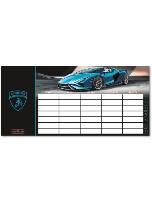 Lamborghini, autós órarend, 23x11 cm, kétoldalas, fekete-szürke-kék