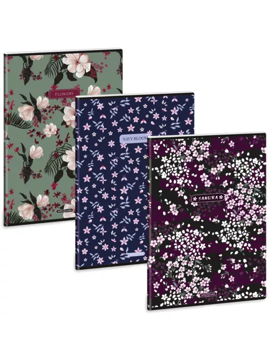 Ars Una tűzött füzet A/4, 40 lap kockás, többféle, Flowery, Sakura, Navy