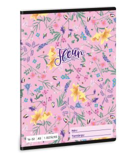   Fleur tűzött füzet A/5, 32 lap vonalas 1.osztály (14-32), rózsaszín, virágos