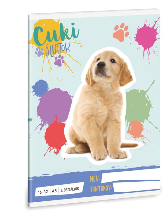 Cuki állatok tűzött füzet A/5, 32 lap vonalas 2.osztály (16-32), kutya, golden retriever, 2025