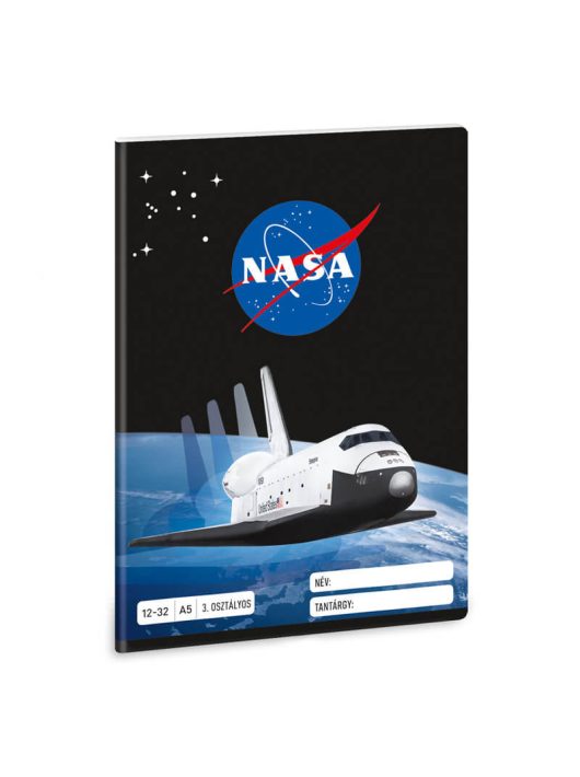 NASA tűzött füzet A/5, 32 lap vonalas 3.osztály (12-32), fekete, űrsiklóval