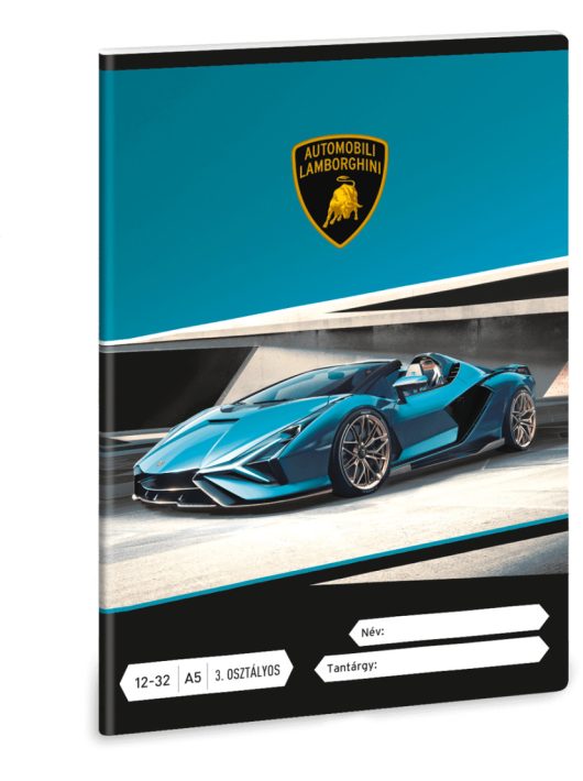 Lamborghini, autós tűzött füzet A/5, 32 lap vonalas 3.osztály (12-32), fekete-szürke-kék