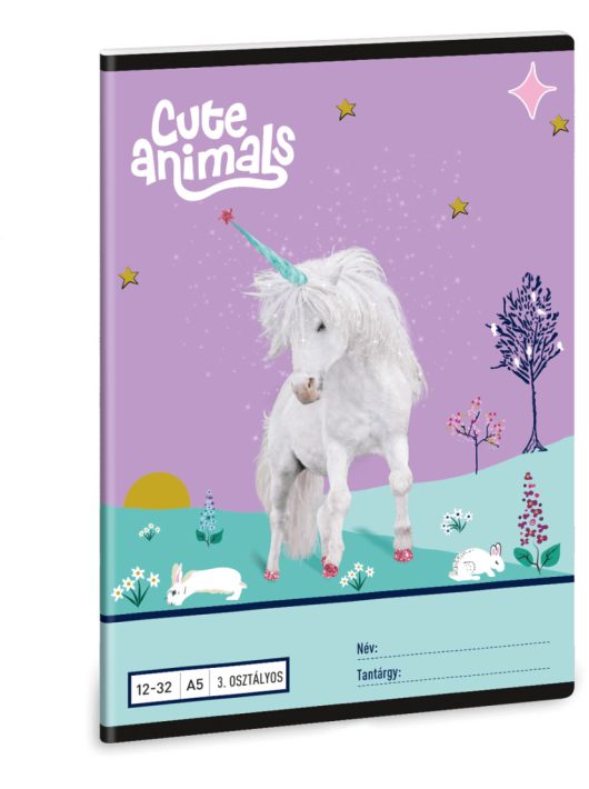 Unikornis tűzött füzet A/5, 32 lap vonalas 3.osztály (12-32), Cute Animals, Unicorn