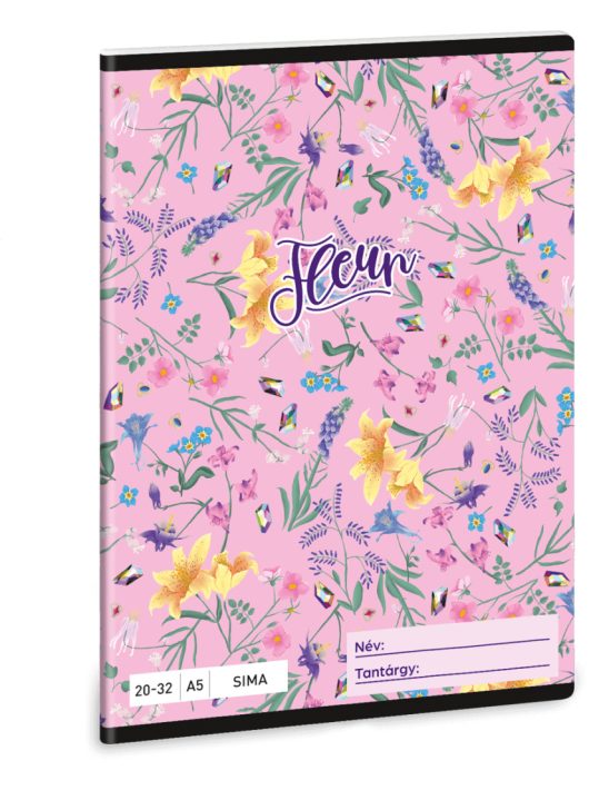 Fleur tűzött füzet A/5, 32 lap sima, rózsaszín, virágos