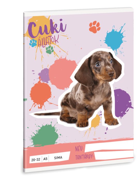 Cuki állatok tűzött füzet A/5, 32 lap sima, kutya, harlekin tacskó, 2025