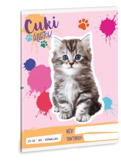   Cuki állatok tűzött füzet A/5, 32 lap vonalas (21-32), perzsa cica (macska), 2025