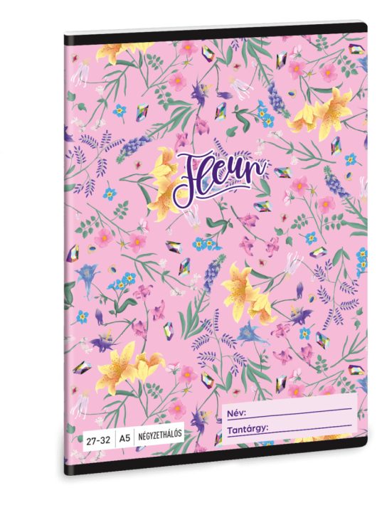 Fleur tűzött füzet A/5, 32 lap kockás, rózsaszín, virágos