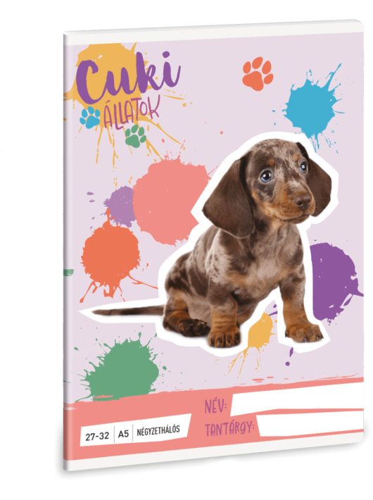 Cuki állatok tűzött füzet A/5, 32 lap kockás, kutya, harlekin tacskó, 2025
