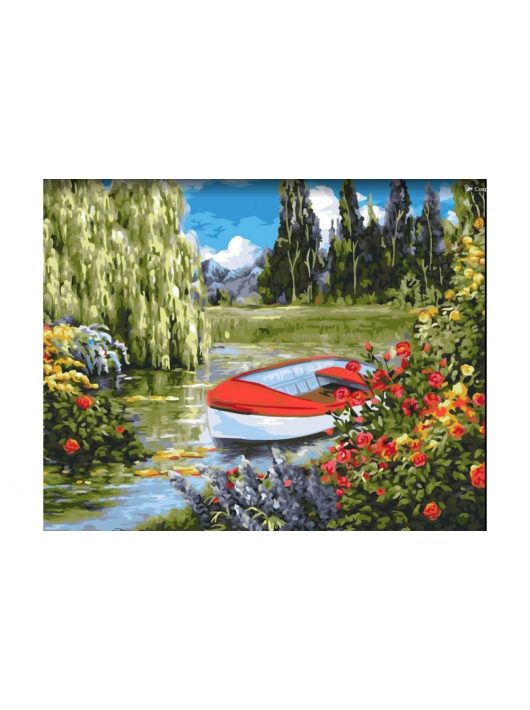 Festés számok szerint, piros csónak a tavon, 40x50cm