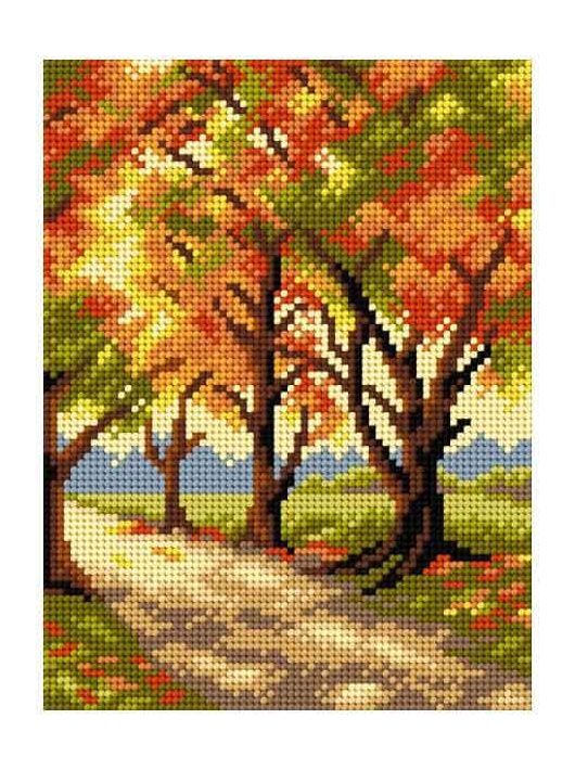 Festett gobelin vászon alap, kanava, 18x24cm, őszi fák