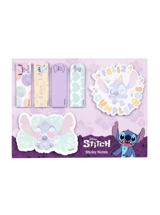 Stitch jegyzettömb-, jelölőcímke készlet, 6 db-os, asztali tartóval, Feliz Cumpleanos