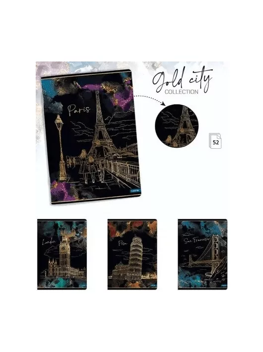 Lastva tűzött füzet A/5, kockás, 52 lapos, Gold City
