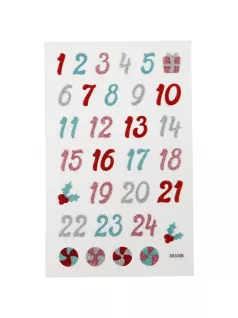   Karácsonyi matrica, adventi naptár, számok 1-24-ig, csillogó számok, 10x16cm