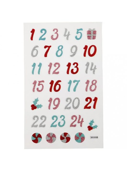 Karácsonyi matrica, adventi naptár, számok 1-24-ig, csillogó számok, 10x16cm