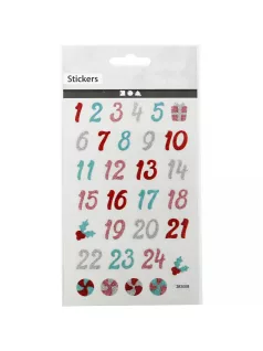   Karácsonyi matrica, adventi naptár, számok 1-24-ig, csillogó számok, 10x16cm