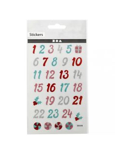   Karácsonyi matrica, adventi naptár, számok 1-24-ig, csillogó számok, 10x16cm