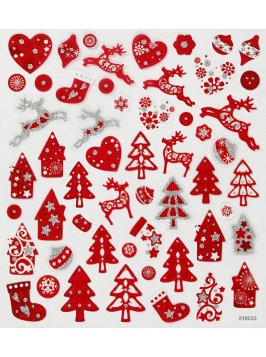 Karácsonyi matrica, piros házikó, fa, rénszarvas, 15x17cm