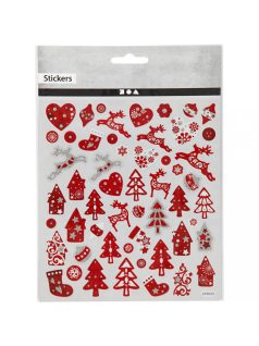   Karácsonyi matrica, piros házikó, fa, rénszarvas, 15x17cm