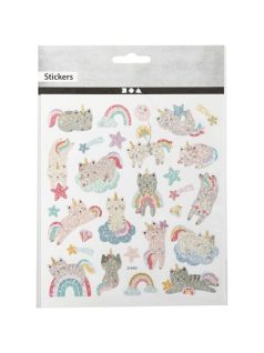 Matrica, unikornis cicák, csillogó, 15x17cm