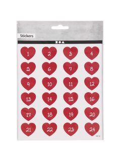   Karácsonyi matrica, adventi naptár, számok 1-24-ig, szív alakú, 15x17cm
