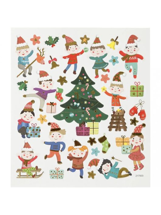 Karácsonyi matrica, gyerekek a fa körül, 15x17cm