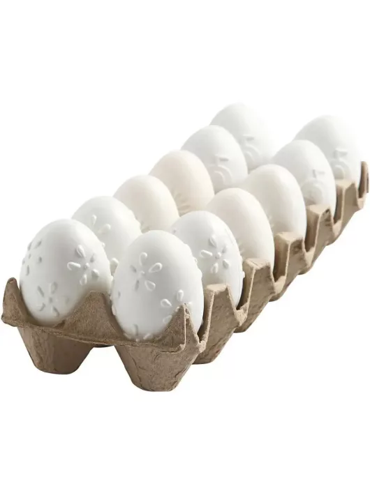 Tojások, műanyag, 12 db/szett, 6 cm-es, fehér, dombornyomott mintával