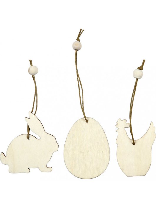 Fa figurák akasztóval, húsvéti, 9 db/csomag (nyuszi, tojás, tyúk), 6 cm