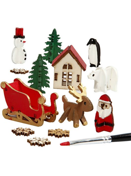 Karácsonyi fa dekoráció készítő kreatív szett, 15x17cm, télapó szánnal, házikó és állatok