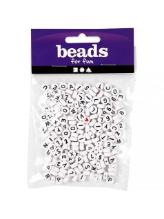   Betű gyöngyök, fehér, kerek, fekete betűk és számok, 200 db/csomag