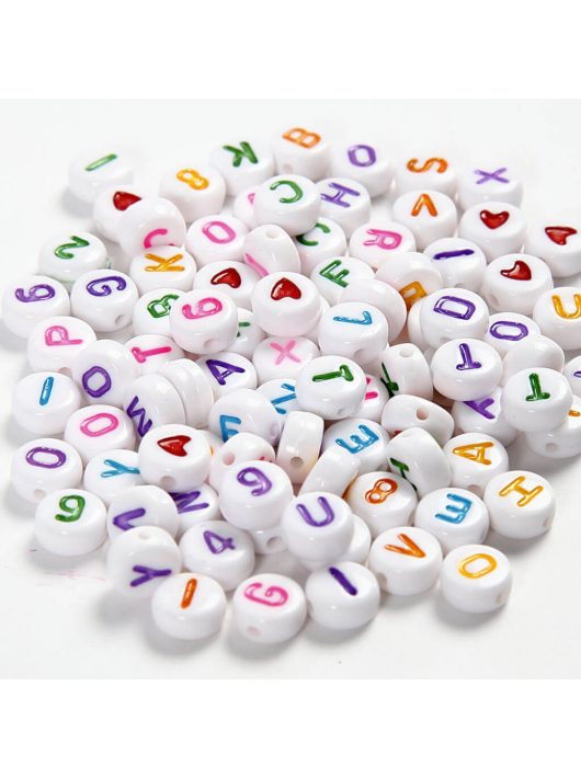 Betű gyöngyök, fehér, kerek, színes betűk és számok, 200 db/csomag