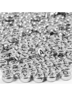   Betű gyöngyök, ezüst, kerek, fekete betűk, 7mm, 21g/csomag