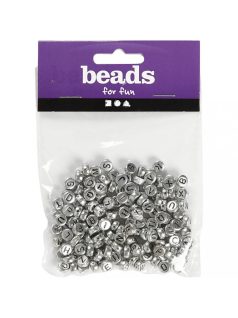   Betű gyöngyök, ezüst, kerek, fekete betűk, 7mm, 21g/csomag