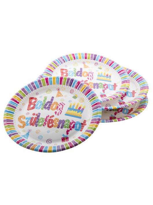 Boldog születésnapot papír tányér, 23cm-es, vidám színek
