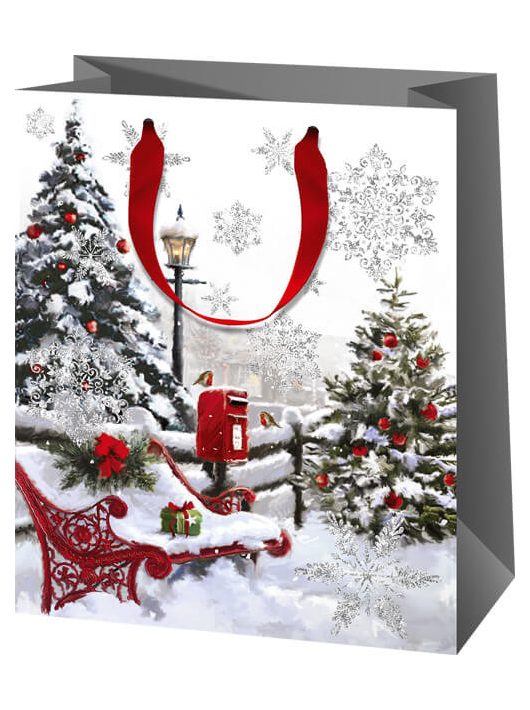 Karácsonyi ajándéktáska 23x18x10cm, közepes, havas utca