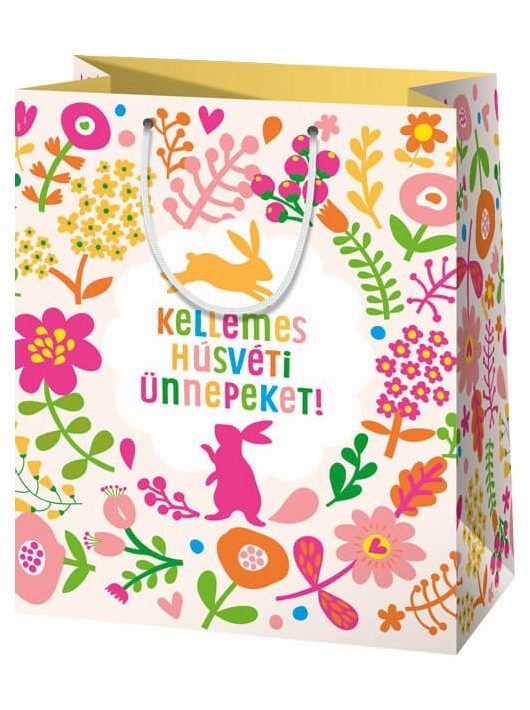 Húsvéti ajándéktáska 14x11x6cm, kicsi, néprajzi virágmotívumok nyuszikkal