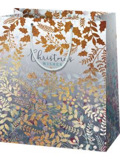 Karácsonyi ajándéktáska 33x27x14cm, nagy, lila, arany levelek