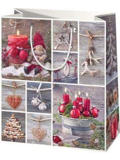   Karácsonyi ajándéktáska 33x27x14cm, nagy, szürke-piros, dekorációk