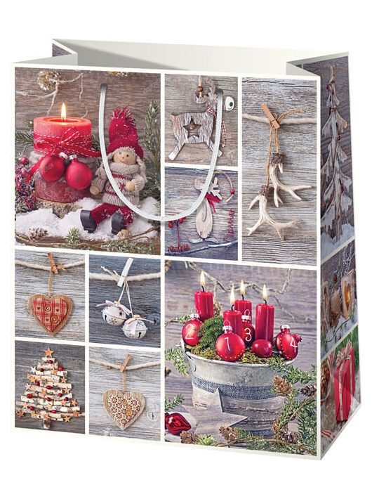 Karácsonyi ajándéktáska 33x27x14cm, nagy, szürke-piros, dekorációk