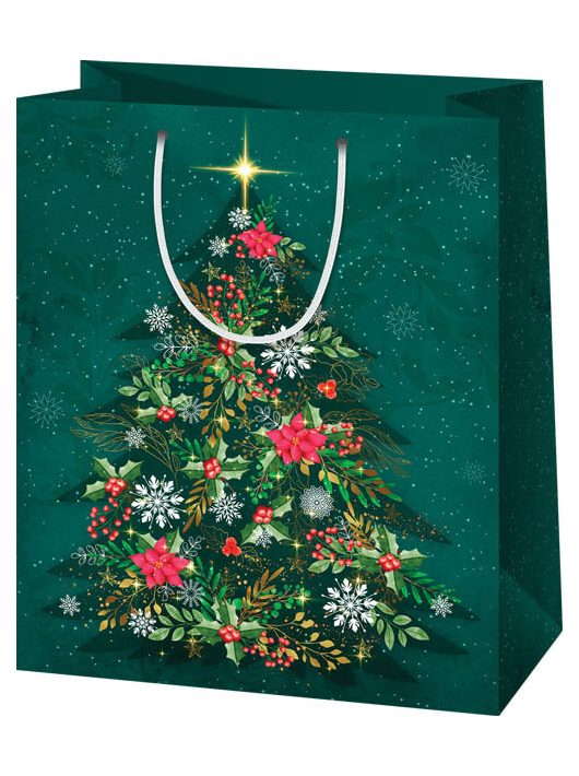Karácsonyi ajándéktáska 23x18x10cm, közepes, zöld, fenyőfa