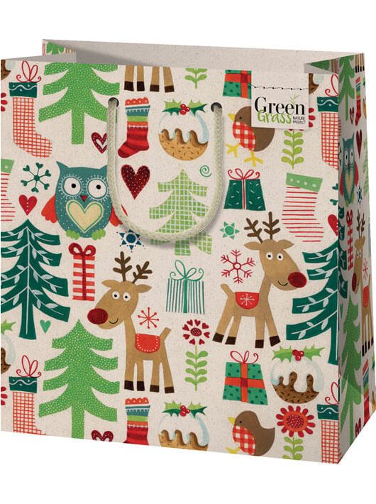 Karácsonyi ajándéktáska 23x18x10cm, közepes, green, karácsonyi állatok