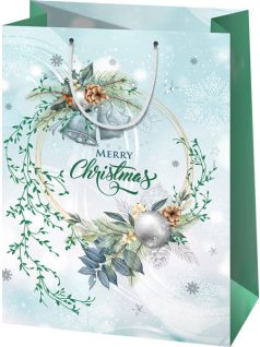   Karácsonyi ajándéktáska 23x20x9cm, közepes, zöld, Merry Christmas
