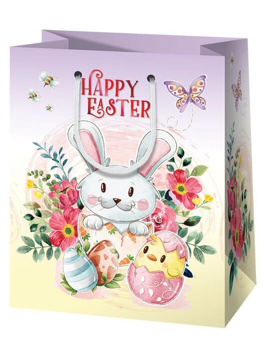 Húsvéti ajándéktáska 23x18x10cm, közepes, nyuszi és csibe tojásban, Happy Easter