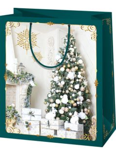   Karácsonyi ajándéktáska 14x11x6cm, kicsi, zöld-fehér, karácsonyfa