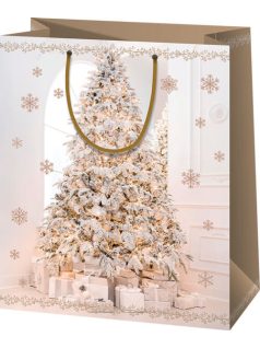   Karácsonyi ajándéktáska 33x27x14cm, nagy, bézs, karácsonyfa