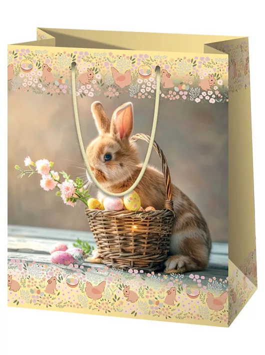 Húsvéti ajándéktáska 14x11x6cm, kicsi, nyuszi füles kosárral és virággal
