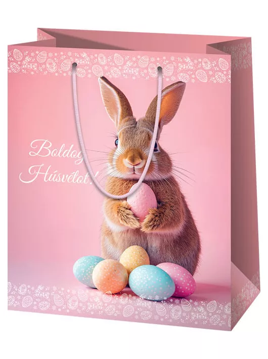 Húsvéti ajándéktáska 23x18x10cm, közepes, rózsaszín, nyuszi tojásokkal